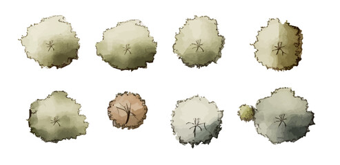 Various green trees, bushes and shrubs, top view for landscape design plan. Vector watercolor illustration, isolated on white background.