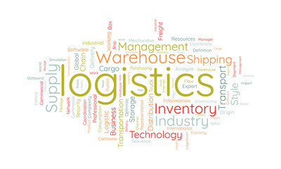 Obraz premium Word cloud background concept for logistics. Transportation business, shipping distribution chain of export cargo industry. vector illustration.