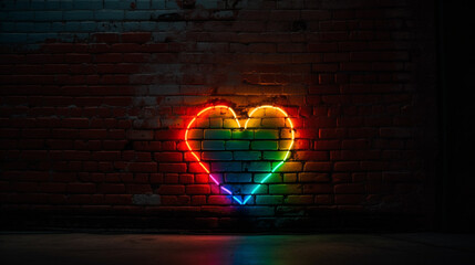 Rainbow Colored Heart Shaped Neon Sign and Light on Brick Wall Background - Pride and LGBTQ Theme - Generative AI