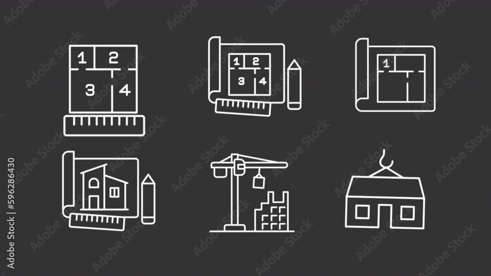 Poster architecture white line animations. construction project. building planning. seamless loop hd video 