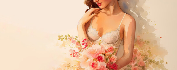 Watercolor drawing of an elegant, slim, sexy girl in lingerie with flowers. Generative AI.