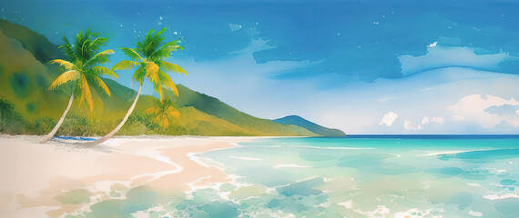 Fototapeta na wymiar Tropical beach panorama with palms and rocks, Seychelles, Generative AI