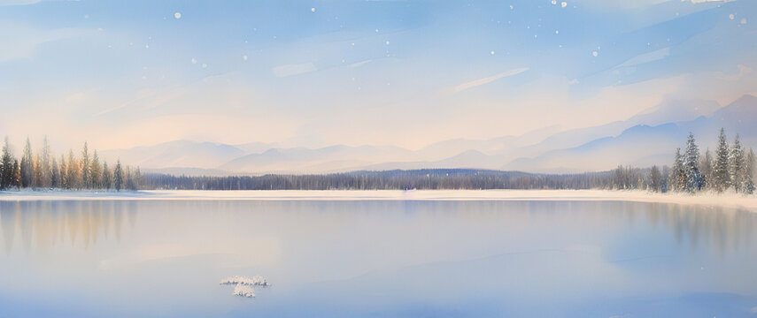 Landscape of a frozen lake, a forest in the middle ground and mountains in the distance with ice peaks, Generative AI.