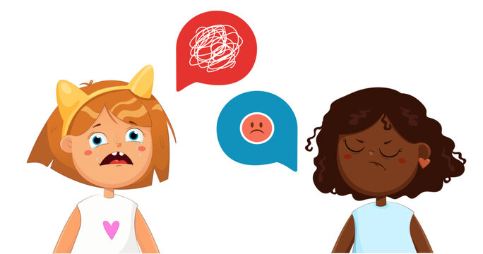 Two little cute girls are angry. Children cry and swear, shout at each other. Vector illustration