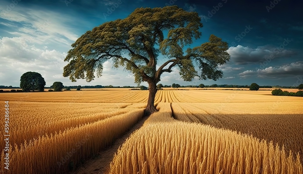 Poster a wheat field with an oak tree in the countryside generative ai