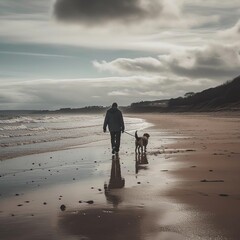 Person Walking Dog on Beach