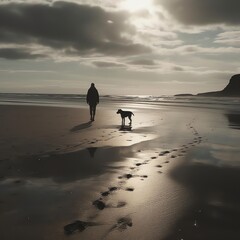 A Person Walking a Dog on a Beach