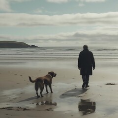 Umer and Their Dog Out for a Stroll on the Beach