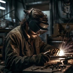 A Man Welding in a Metal Workshop