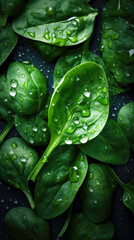 Fresh green spinach leaves with water drops on dark background, top view.