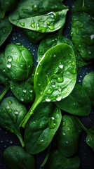 Fototapeta premium Fresh green spinach leaves with water drops on dark background, top view.