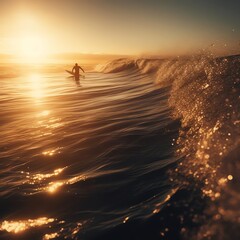 Photorealistic image of a surfer catching a wave at sunset.