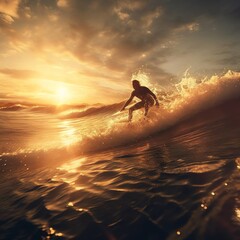 A Surfer Catching a Wave at Sunset