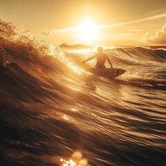 A Surfer Catching a Wave at Sunset