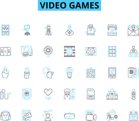 Video games linear icons set. Adventure, Console, eSports, Fun, Gaming, Graphics, Immersive line vector and concept signs. Innovation,MMO,Multiplayer outline illustrations