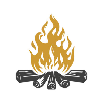 Camp bonfire blaze light fire firewood nature expedition vintage icon design isometric vector