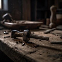 A close up of a hammer and nails on a wooden table.