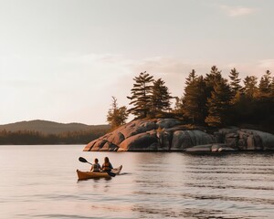 A father and daughter spending a calm day kayaking on a lake.