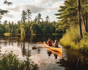 A father and daughter enjoying a peaceful day kayaking on a calm lake.