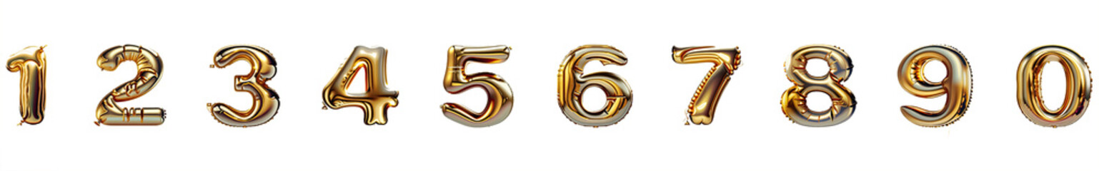 Set Golden Inflatable Balloons Numbers Spelling the Numbers 0 to 9  on Transparent Background, 
