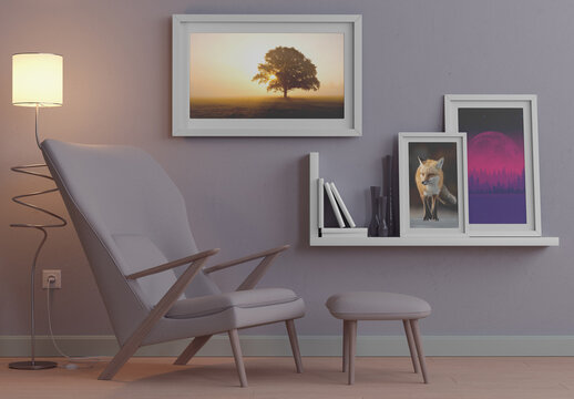 Scene with Set of 3 Frames and Laptop Mockup