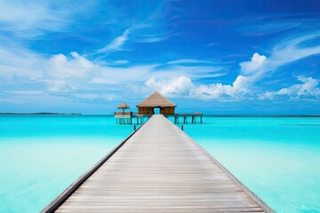 Fototapeta premium wooden hut on a pier stretching out into the ocean. Generative AI
