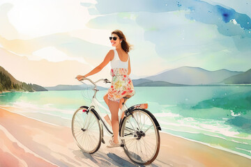 Obraz na płótnie Canvas Watercolor illustration of a girl on a bicycle on the sea coast, Generative AI.
