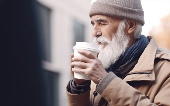 Senior older modern man drinking take away coffee and enjoys life. Generative AI