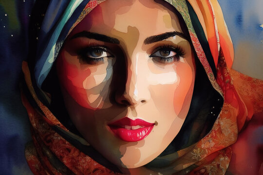 Portrait of a beautiful arabic woman in a veil. AI generated.