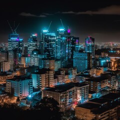 Fototapeta premium A City Skyline at Night with Illuminated Tall Buildings