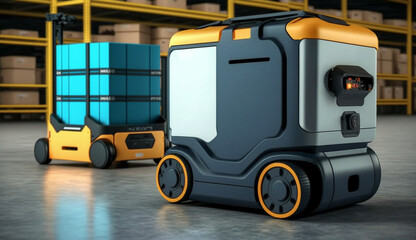Automated guided vehicle in warehouse Robot transport system with logistics business concept. AI Generative.
