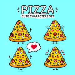 Funny cute happy piece of pizza characters bundle set. Vector hand drawn doodle style cartoon character illustration icon design. Isolated on blue background. Piece of pizza mascot character