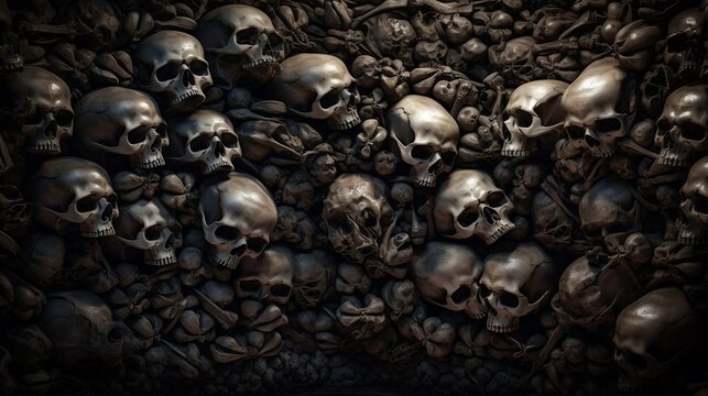 catacomb wall, hundreds of black skulls and bones, high resolution texture. generative AI