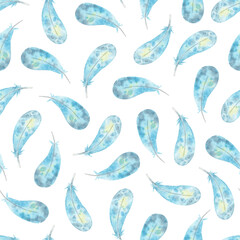 Watercolor pattern with blue feathers. Hand-drawn seamless texture for textile or wrapping paper