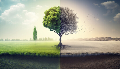 a tree in a green meadow clear air with plants and air pollution that affects climate change. AI Generative.