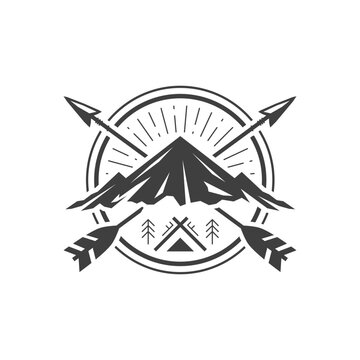 Mountain with crossed arrow hunting hiking camping tent circle vintage line logo design vector