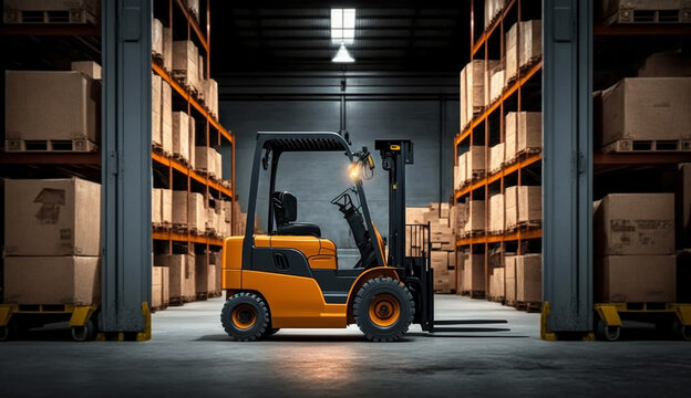 Concept image of a warehouse Forklift in the background of a large warehouse delivery. AI Generative.