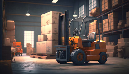 Naklejka premium Concept image of a warehouse Forklift in the background of a large warehouse delivery. AI Generative.