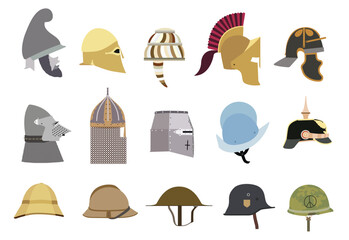 Vector illustration of old Antiquity military helmets. Helmets of various armies throughout history.