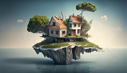 Illustration of houses and trees on the island on a bright color background. AI Generative.
