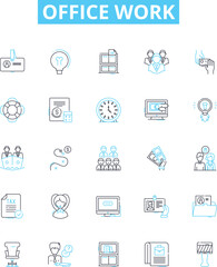 Office work vector line icons set. Office, Work, Documents, Communication, Meetings, Technology, Analysis illustration outline concept symbols and signs