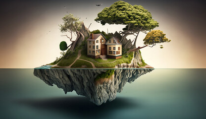 Fototapeta premium Illustration of houses and trees on the island on a bright color background. AI Generative.