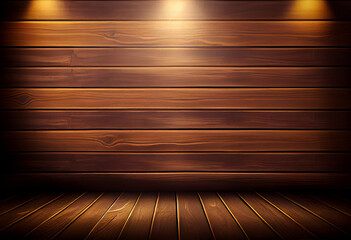 Brown planks wood texture background. Room studio backdrop. Lights. Wallpaper. Banner. Generative AI