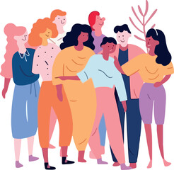 Group of abstract diverse people, man and woman, Friends or coworkers are standing, hugging, posing together. cartoon characters. Teamwork, togetherness, friendship concept. Hand drawn colorful Vector