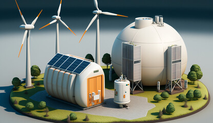 Hydrogen storage tank on small hill with mill turbines and solar power panel, Generative AI.