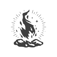 Campfire outdoor camping fireplace flame with stones bright light blaze vintage icon vector