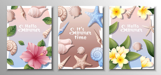 Set of cards with frangipani flowers, hibiscus, sea shells, clams, starfish. Summer background with tropical plants and marine life.