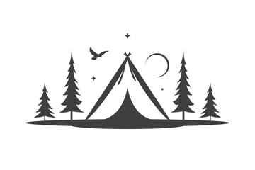 Camping tent night forest halt nature expedition tourism monochrome vintage icon design vector