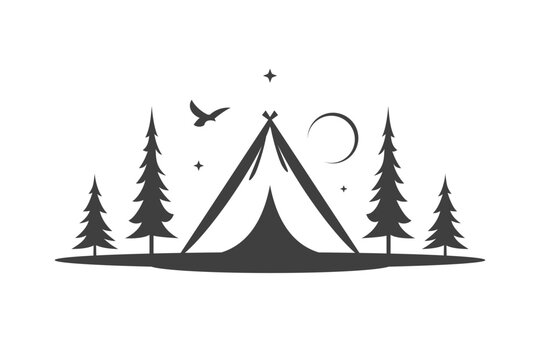 Camping Tent Night Forest Halt Nature Expedition Tourism Monochrome Vintage Icon Design Vector