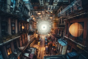 space science images photo library, in the style of surreal city scenes, realistic anamorphic art, swirling colors. Generative AI